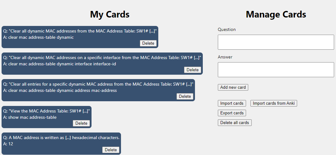 Manage cards page