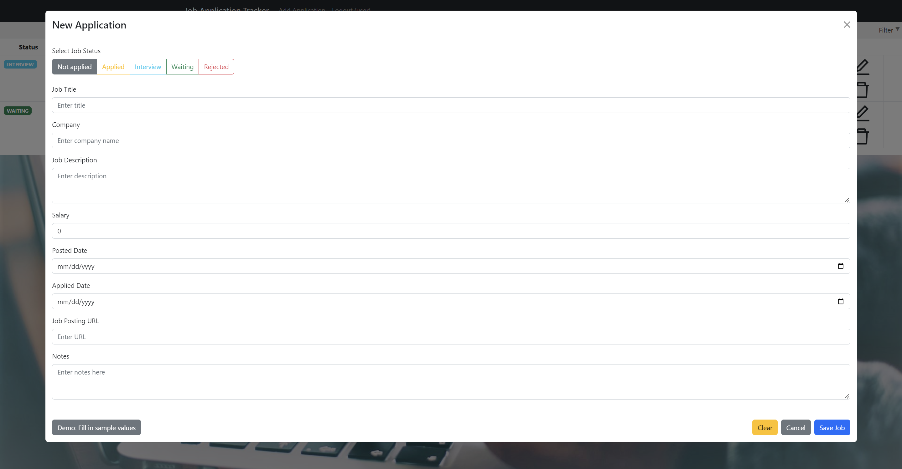 Job app tracker new application page