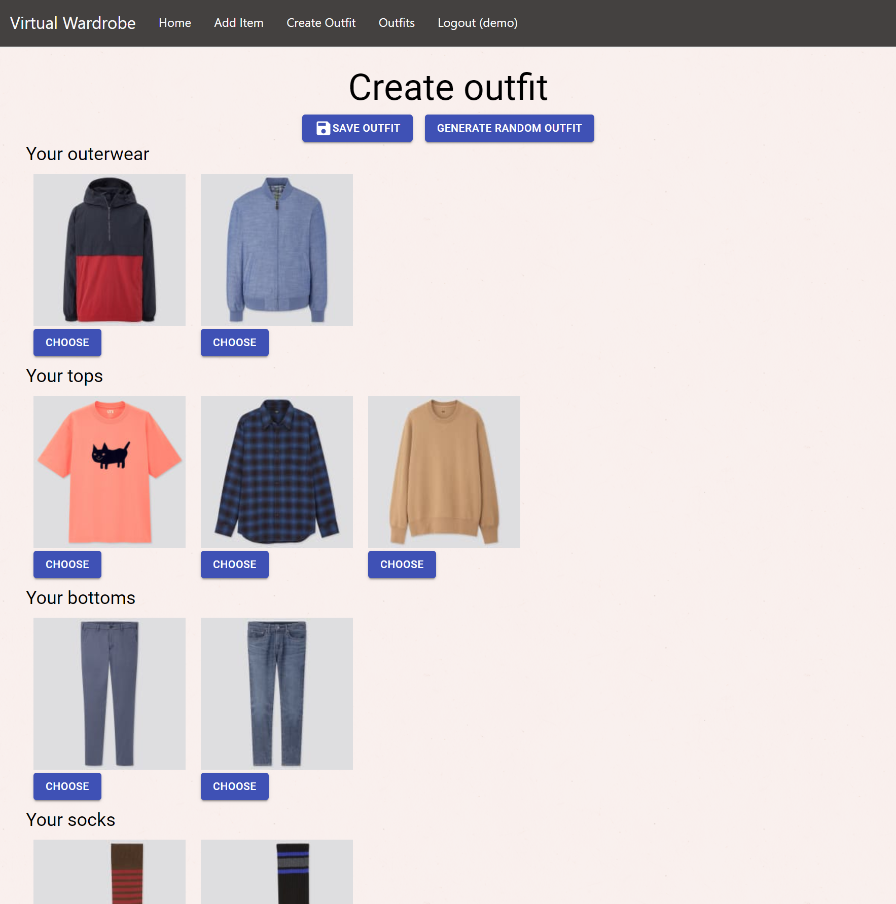 Virtual wardrobe create outfit page